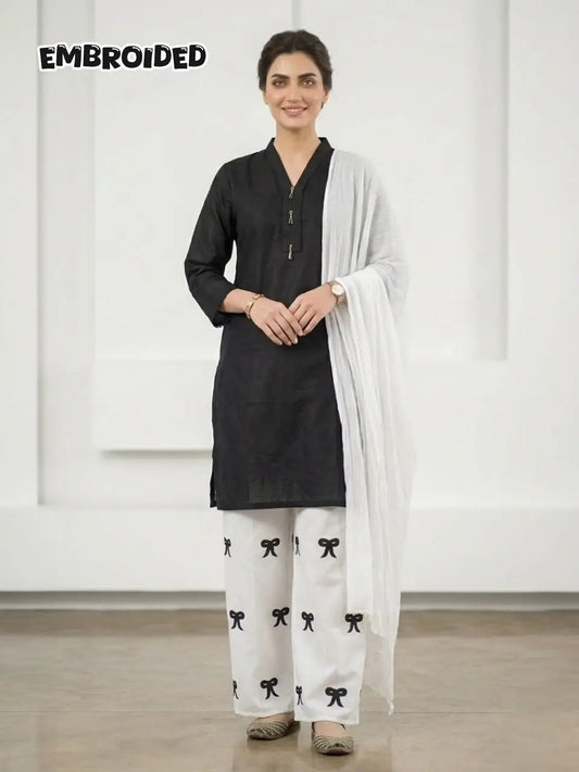 3 Pcs Women's Stitched Cotton Lawn Embroidered Suit Viral Tie Design