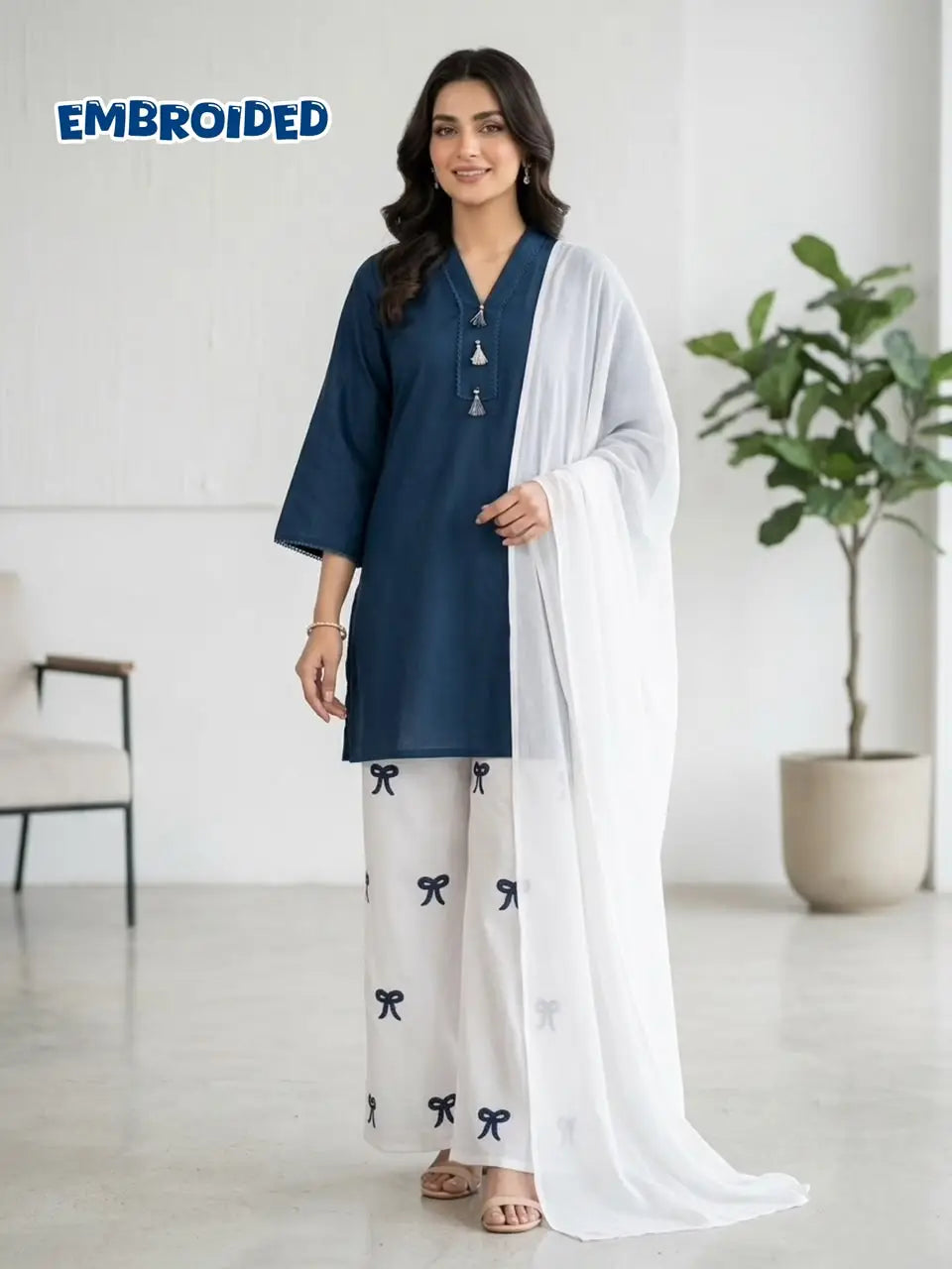 3 Pcs Women's Stitched Cotton Lawn Embroidered Suit Viral Tie Design