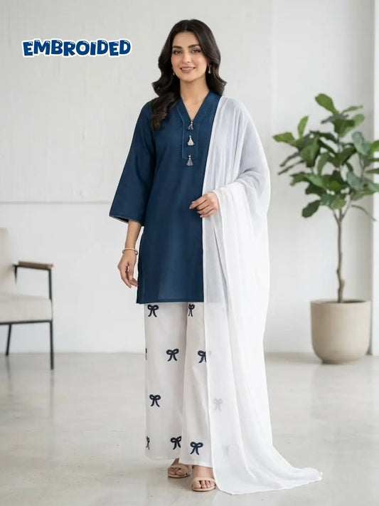 3 Pcs Women's Stitched Cotton Lawn Embroidered Suit Viral Tie Design