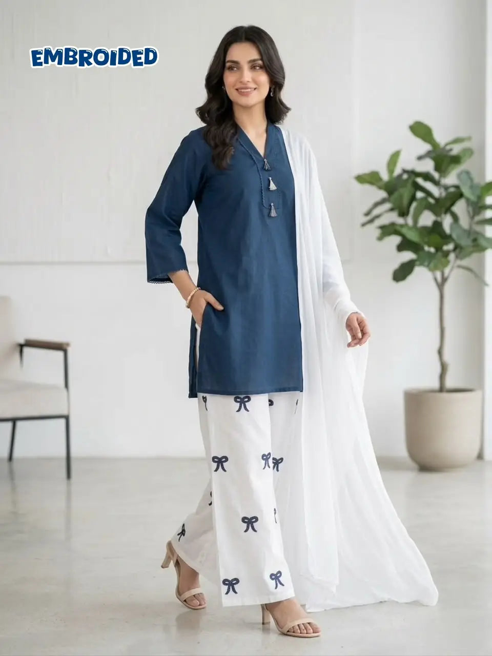 3 Pcs Women's Stitched Cotton Lawn Embroidered Suit Viral Tie Design