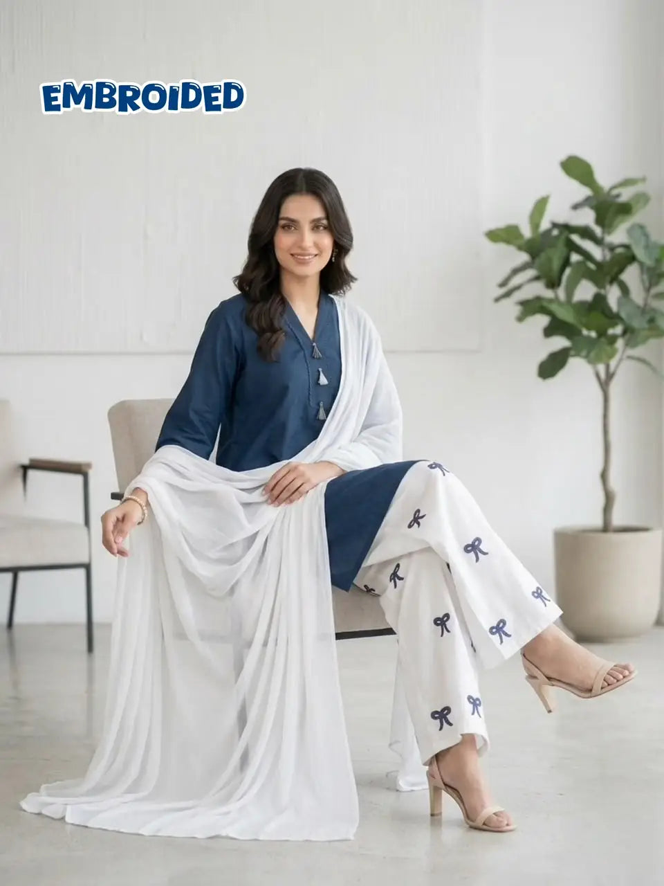 3 Pcs Women's Stitched Cotton Lawn Embroidered Suit Viral Tie Design