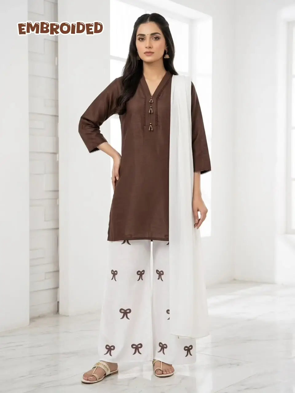 3 Pcs Women's Stitched Cotton Lawn Embroidered Suit Viral Tie Design