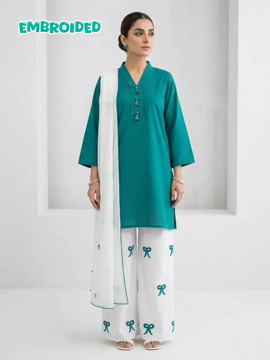3 Pcs Women's Stitched Cotton Lawn Embroidered Suit Viral Tie Design