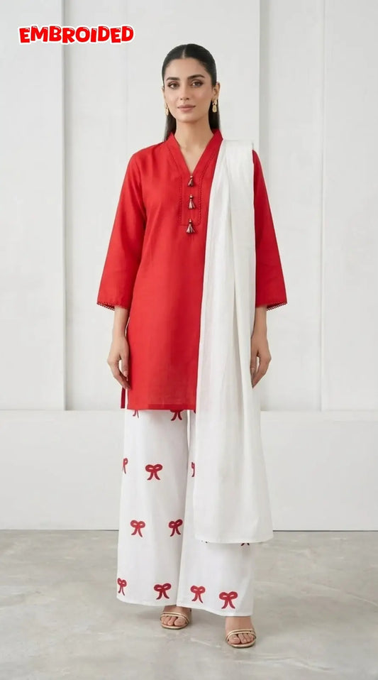 3 Pcs Women's Stitched Cotton Lawn Embroidered Suit Viral Tie Design