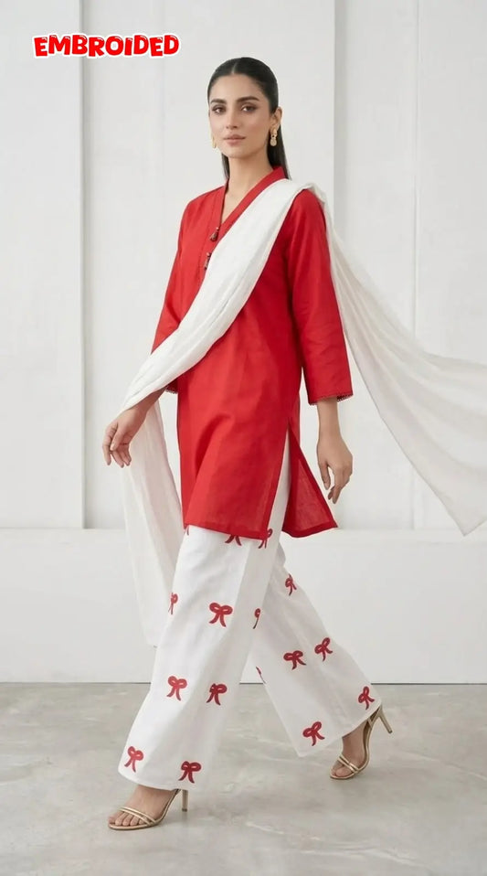 3 Pcs Women's Stitched Cotton Lawn Embroidered Suit Viral Tie Design